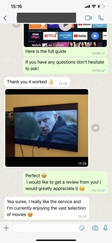 WhatsApp kundeservice besked om hurtig IPTV aktivering