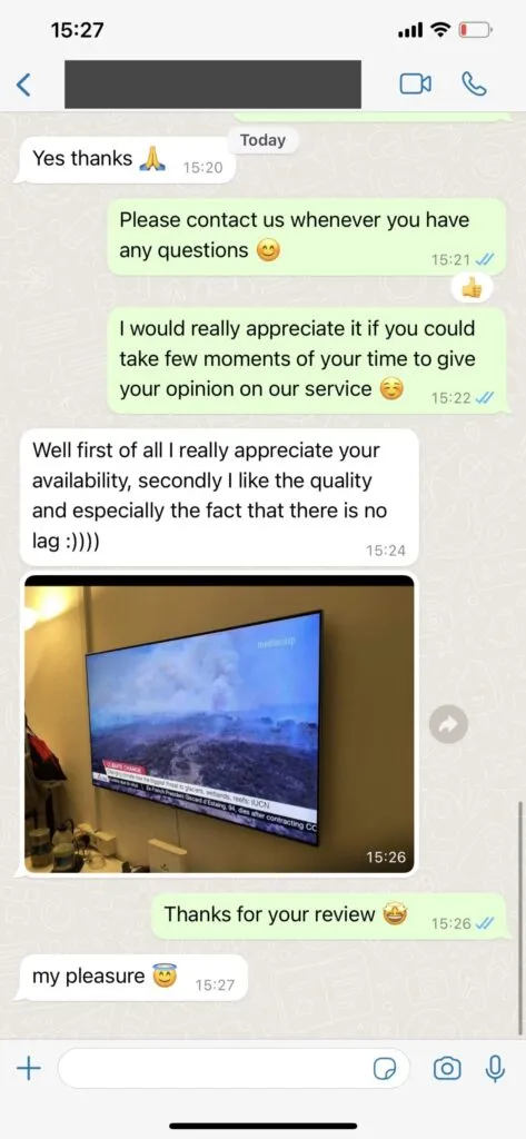 WhatsApp samtale med tilfreds IPTV bruger om 4K kvalitet