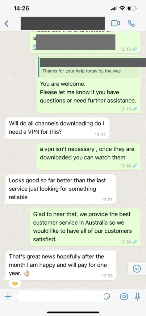 WhatsApp chat bekræftelse på fornyelse af IPTV abonnement