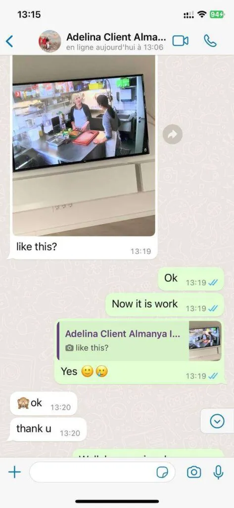 Kundesupport dialog på WhatsApp om opsætning af TV guide